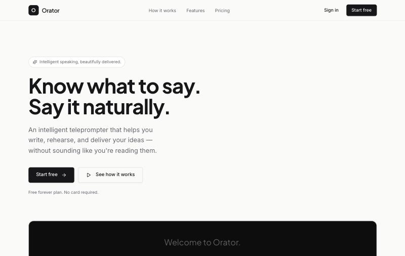 ORATOR home screen, oravo.live